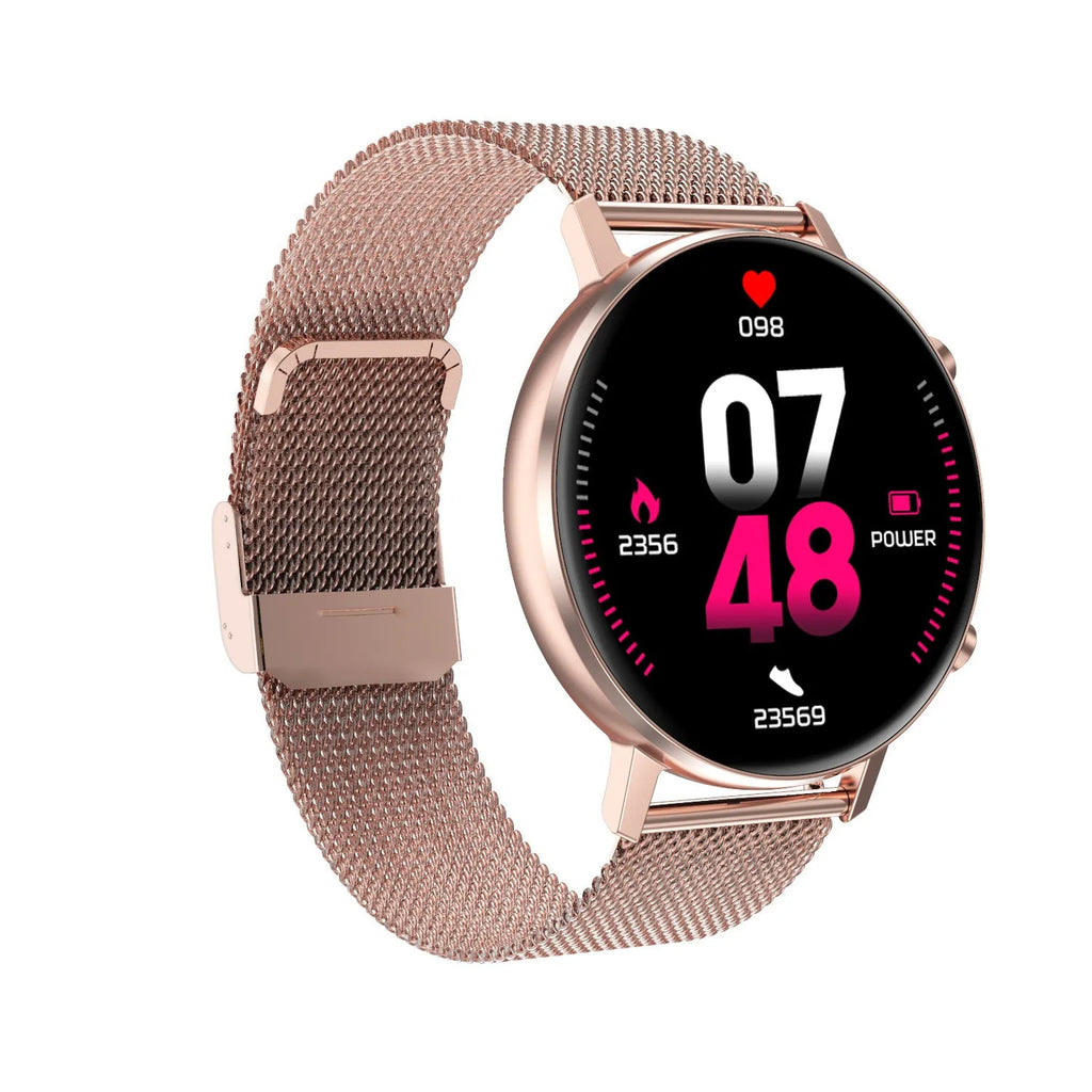 DT96 smart fitness tracker with 1.3-inch screen and steel wrist strap in black, rose gold, or silver.