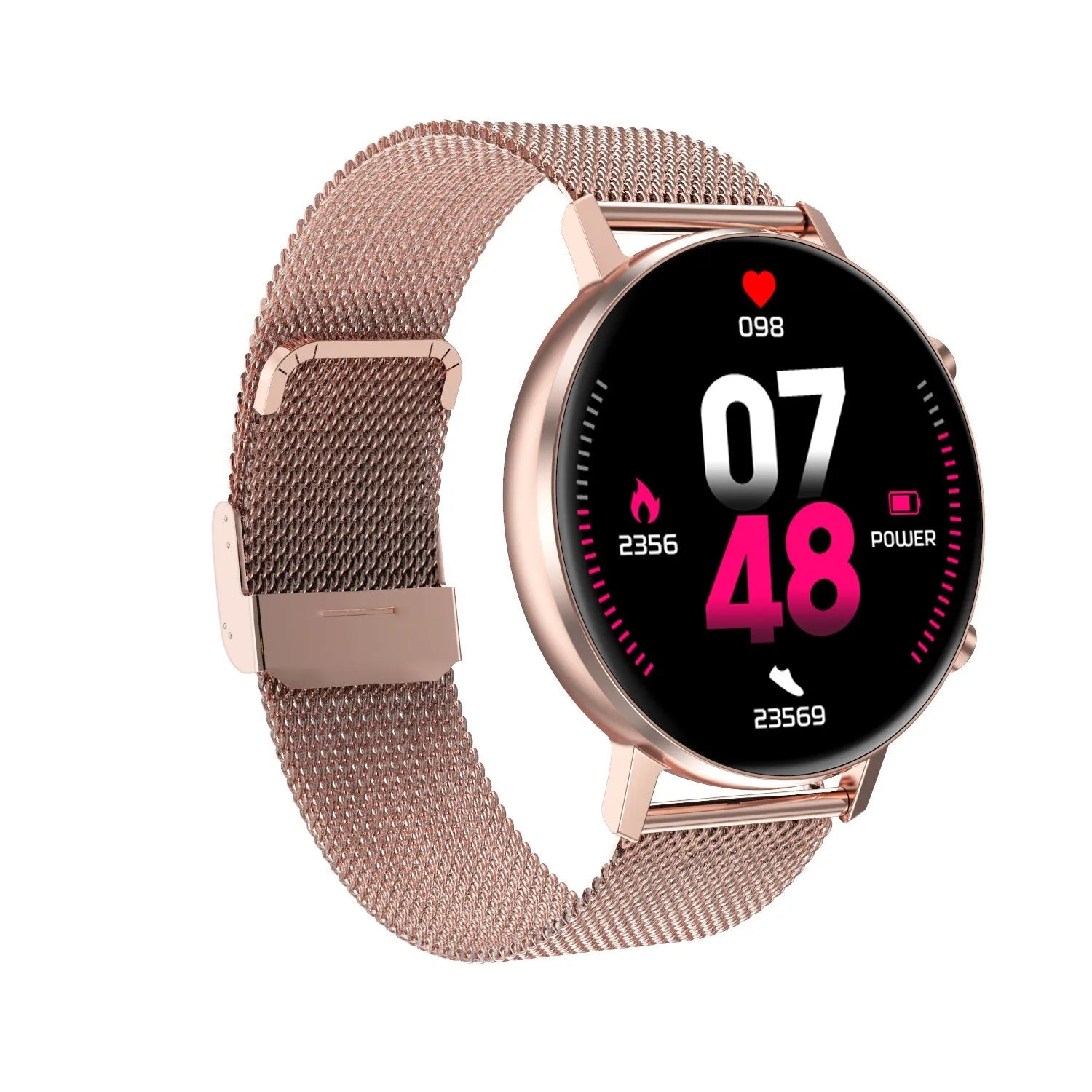 DT96 smart fitness tracker with 1.3-inch screen and steel wrist strap in black, rose gold, or silver.