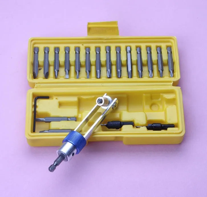 Half Time Drill swivel head attachment set with Phillips, flathead, and countersink steel bits for power drill.
