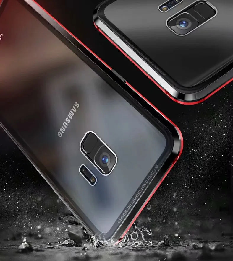 Black clamshell magnetic phone case for Samsung Galaxy with anti-peeping screen, open to show interior.