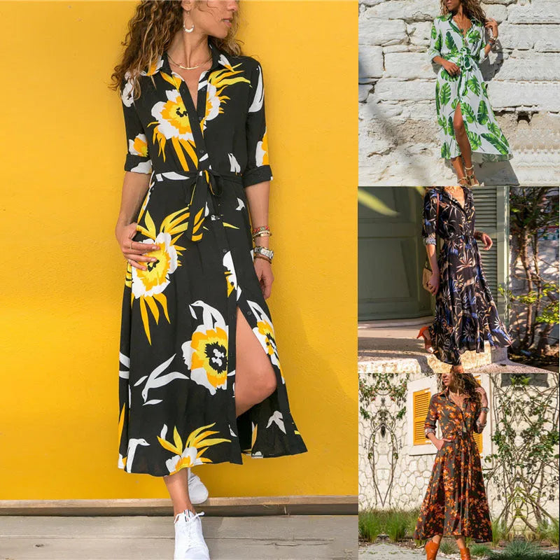 Women's printed chiffon V-neck dress with high waist and A-line skirt on a hanger.