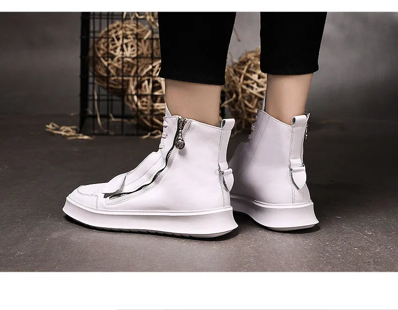 Men's black and white PU leather ankle boots in high-top sneaker style for winter.