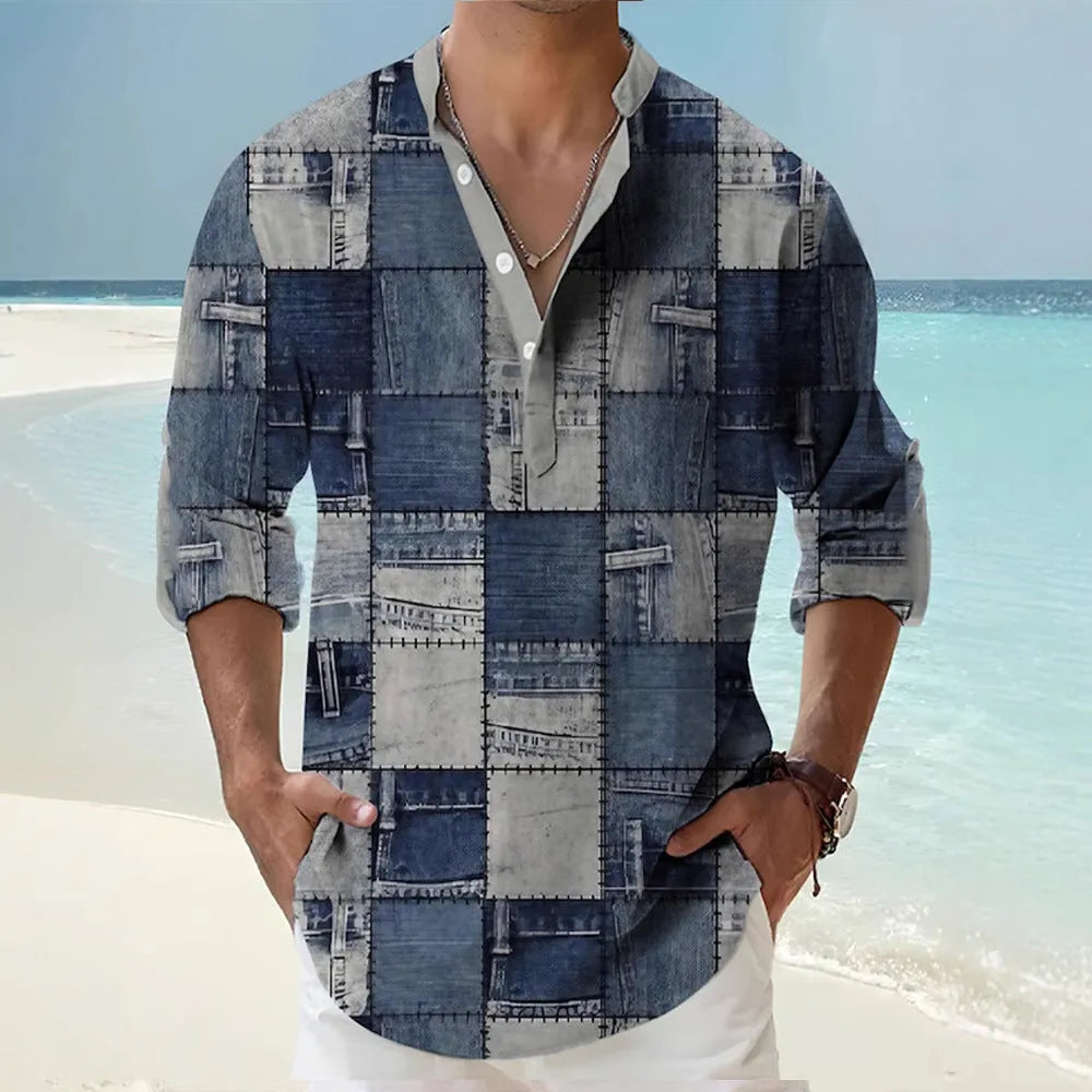 Man wearing a thin, striped long sleeve Hawaiian-style casual shirt in lilac.