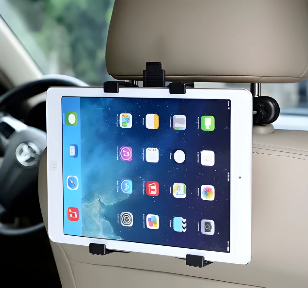 Black universal rotating tablet holder mounted on a car headrest, showing adjustable bracket.