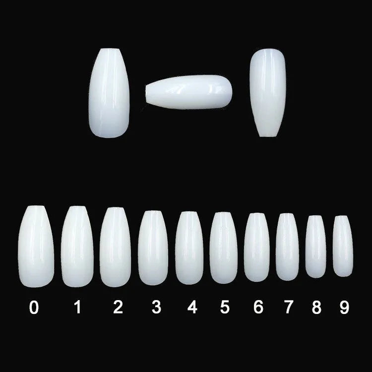 Clear transparent ABS false nails in a pack of 500 pieces, showing French tip design and range of sizes.