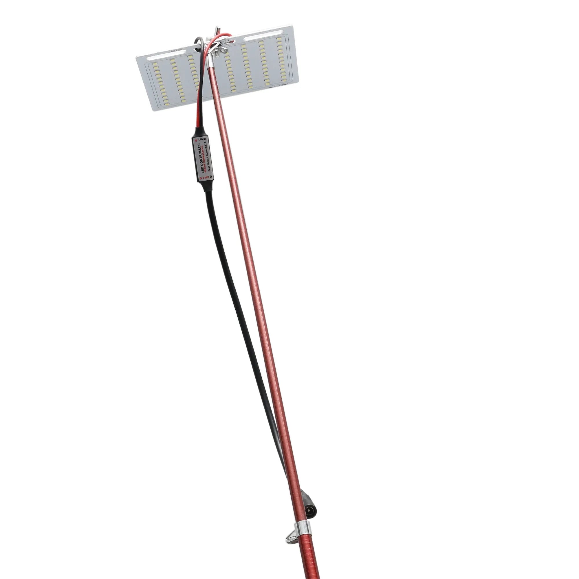 White LED fishing rod light on a telescopic pole with a remote control, dimensions 120 by 95 mm.