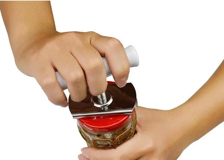 White stainless steel adjustable bottle opener with gear mechanism and anti-slip PP handle