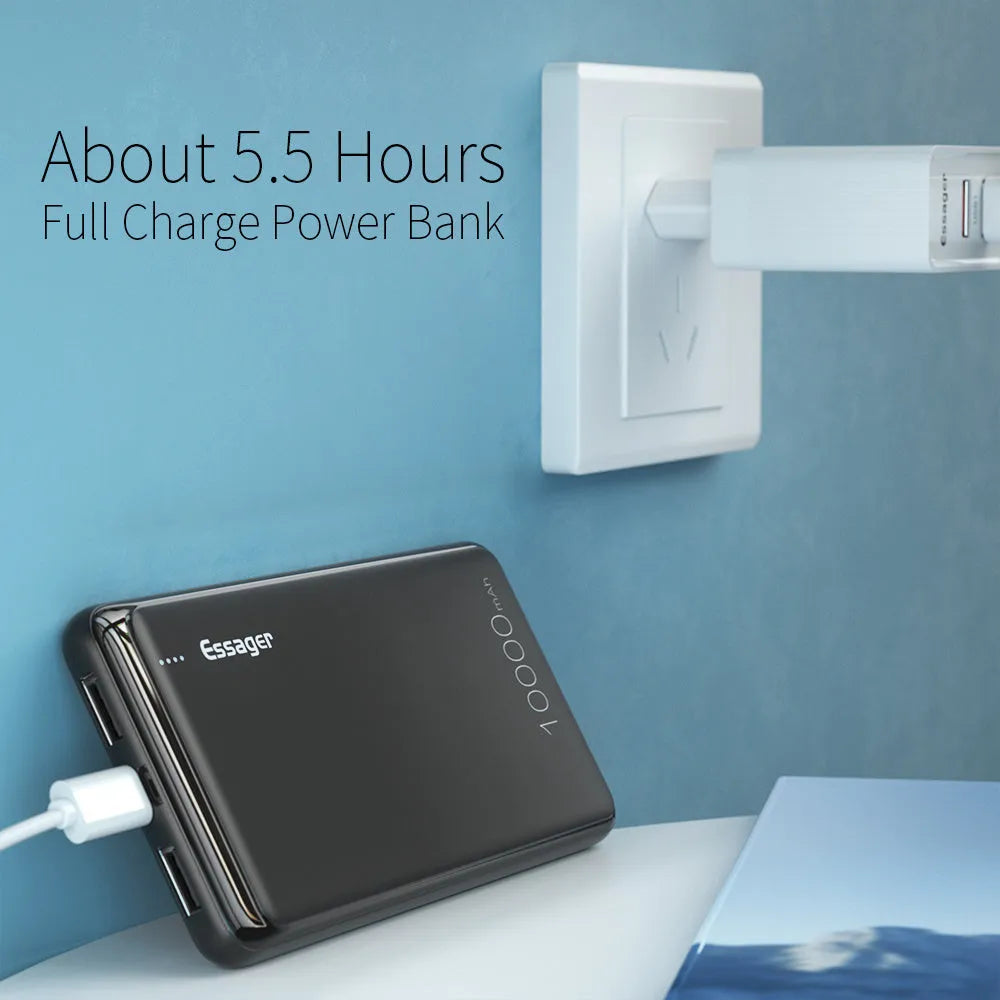 Essager Small Jane black and white 10000mAh portable power bank showing dual USB ports and LED indicator lights.