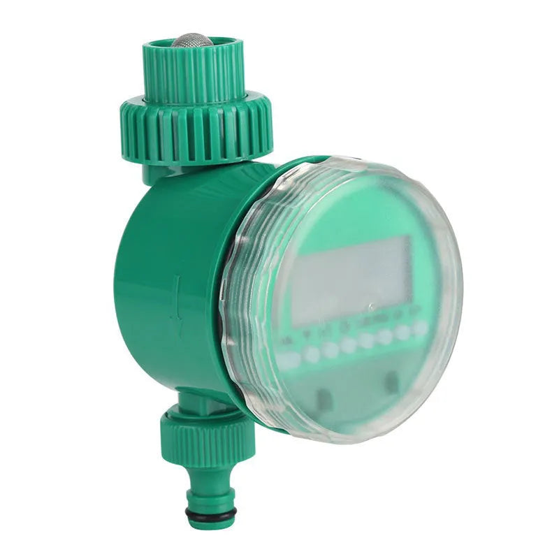 Green plastic automatic watering timer with digital display for garden hose connection.
