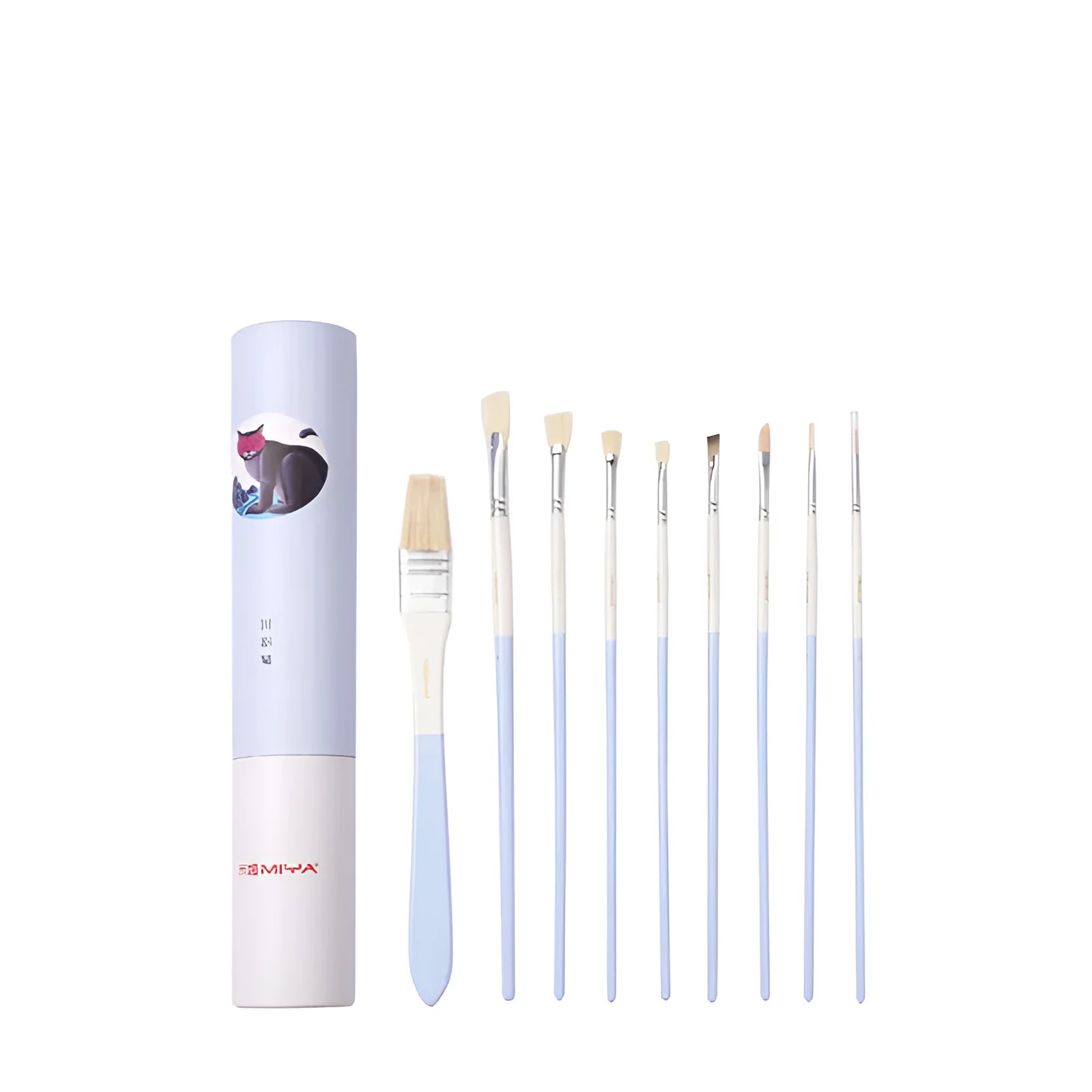 Set of acrylic gouache painting brushes including fan brushes, wide brush and detail brushes in animal-themed designs