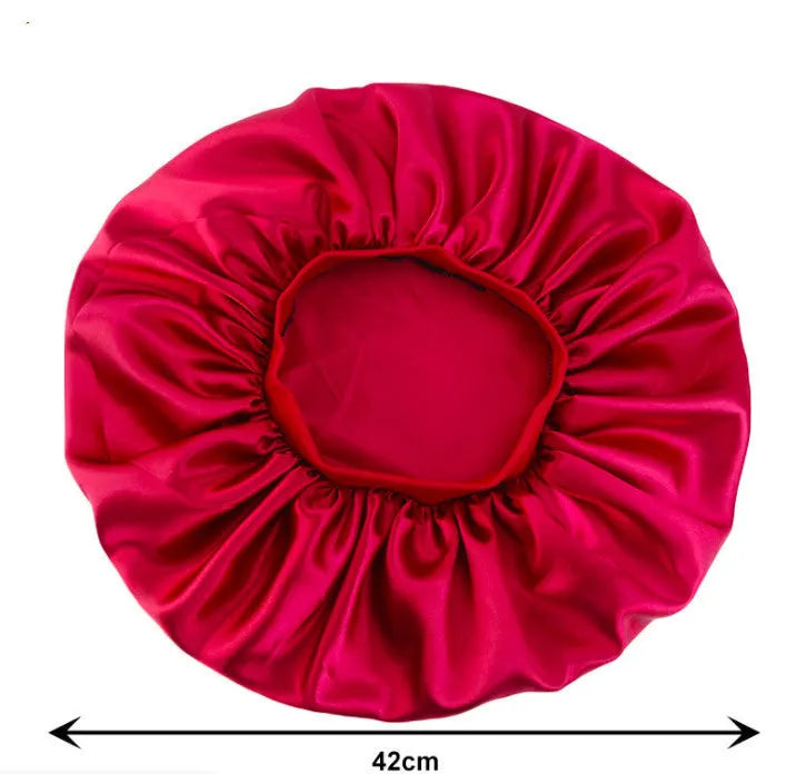 Beauty print satin silk sleep bonnet in polyester spandex, 14 styles A-N, shown in assorted colours.