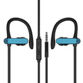 Sports earphones with flexible ear hook and silicone earbuds in black and blue colour, shown next to a mobile phone.