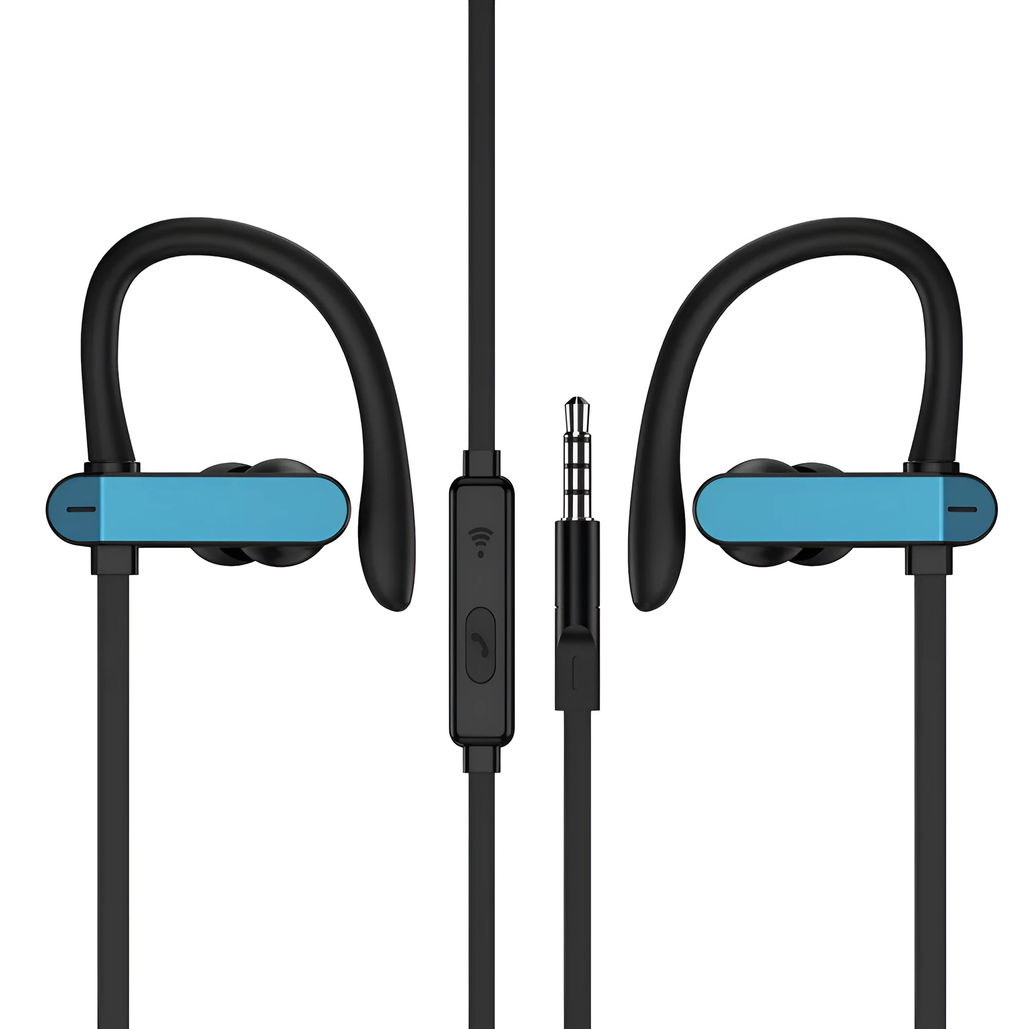 Sports earphones with flexible ear hook and silicone earbuds in black and blue colour, shown next to a mobile phone.