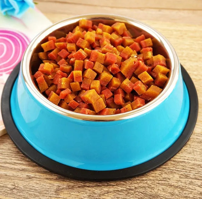Stainless steel pet bowl with colourful melamine exterior and non-slip rubber base
