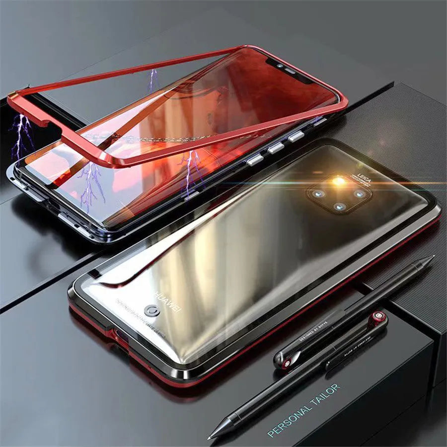 Black magnetic phone case with metal frame and glass back for Huawei smartphones.