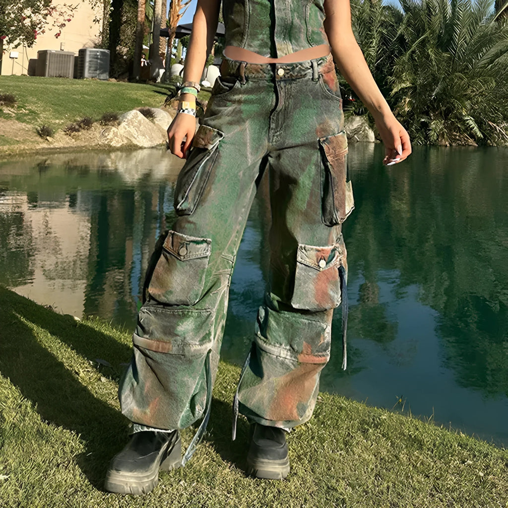 Retro gradient colour cargo denim trousers with multiple pockets and loose fit street style