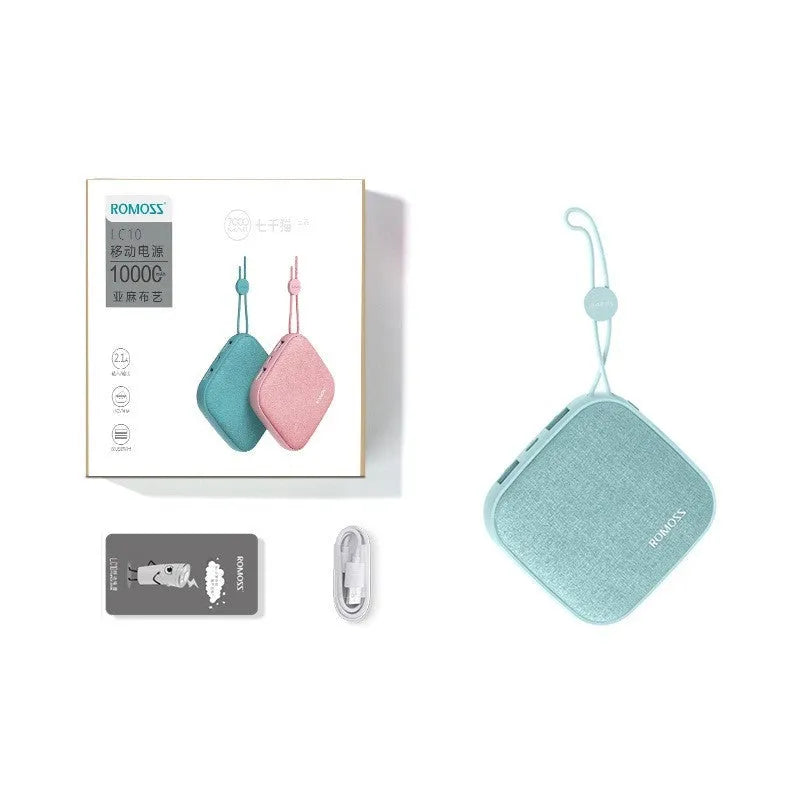 Linen Art mini portable power bank in green, 10000mAh, with multi U port output, compact rectangular shape
