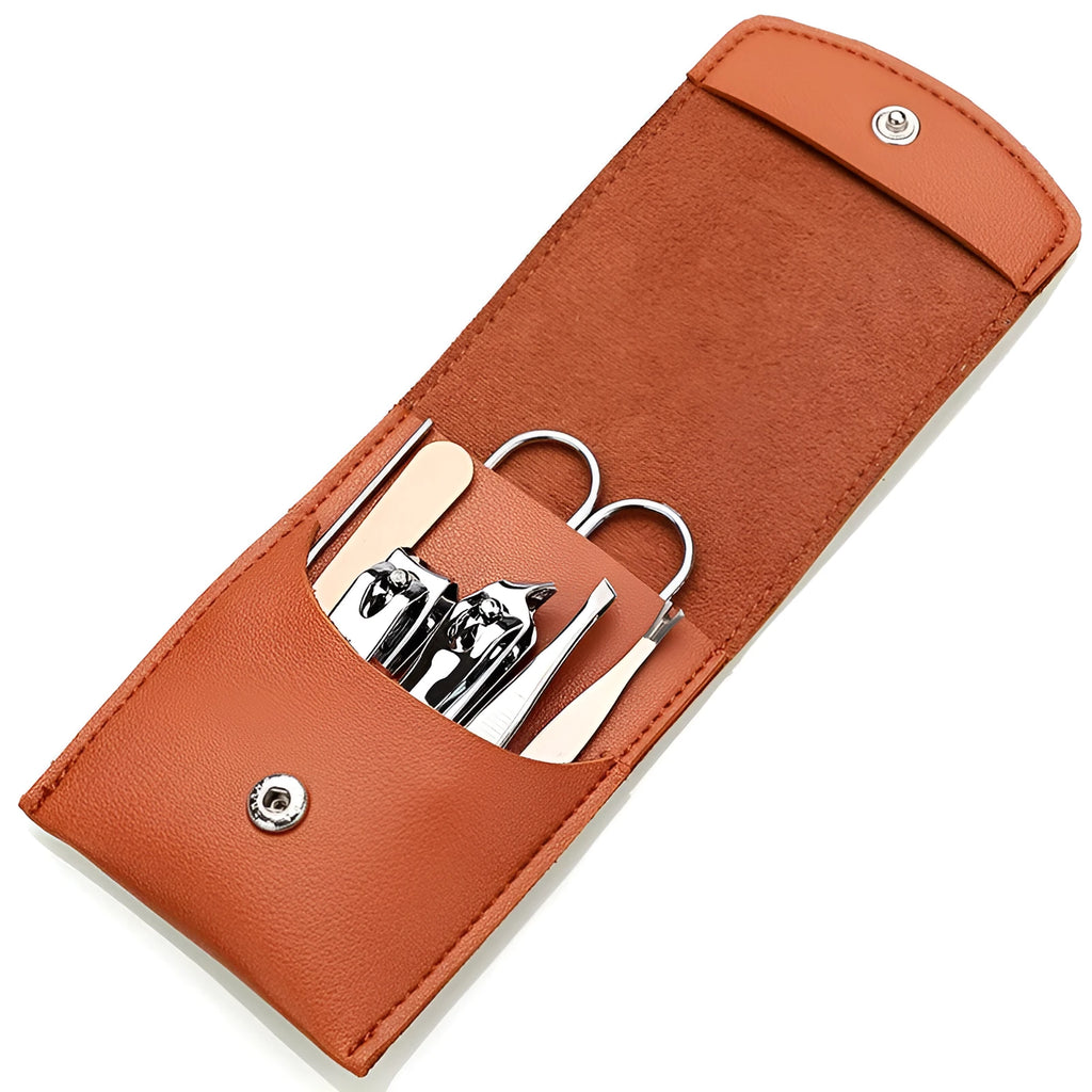 Stainless steel nail clipper set with non-slip black polish and fabric PU leather case in brown colour
