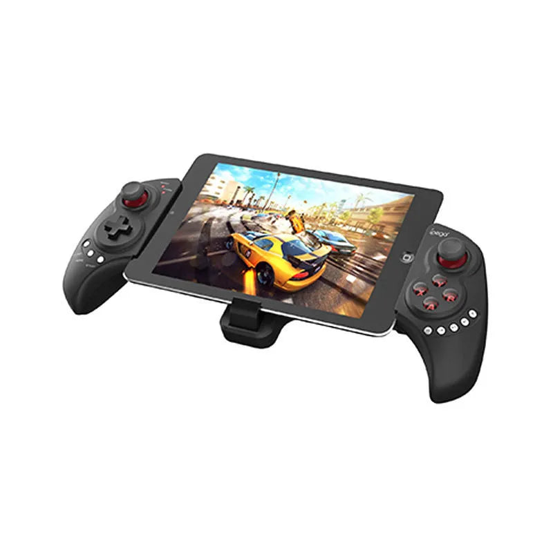 Wireless telescopic gamepad controller extended with mobile phone inserted showing ABS plastic construction