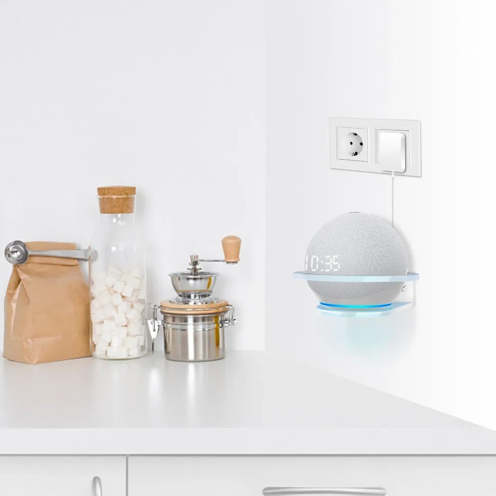 White plastic wall mounting bracket for Amazon Echo Dot 4 smart speaker.