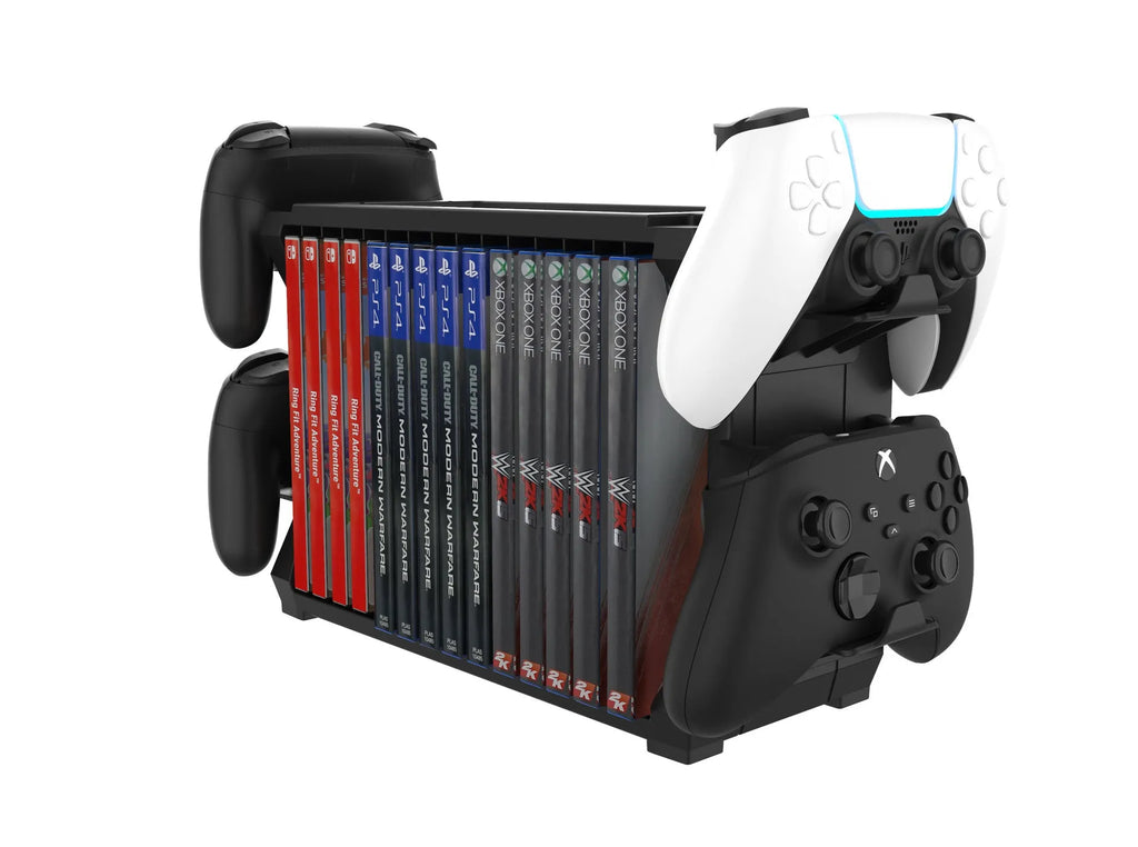 Black PS5 and Xbox Series X disc holder with game cartridge slots and controller storage