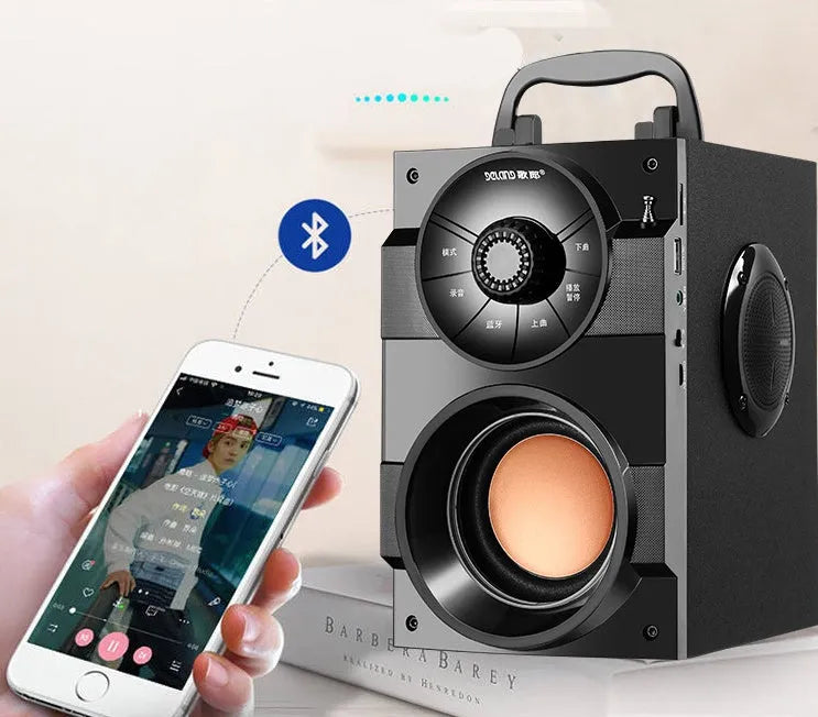 Black portable audio system with subwoofer and satellite speakers, USB cable and 1.2m audio connection cable