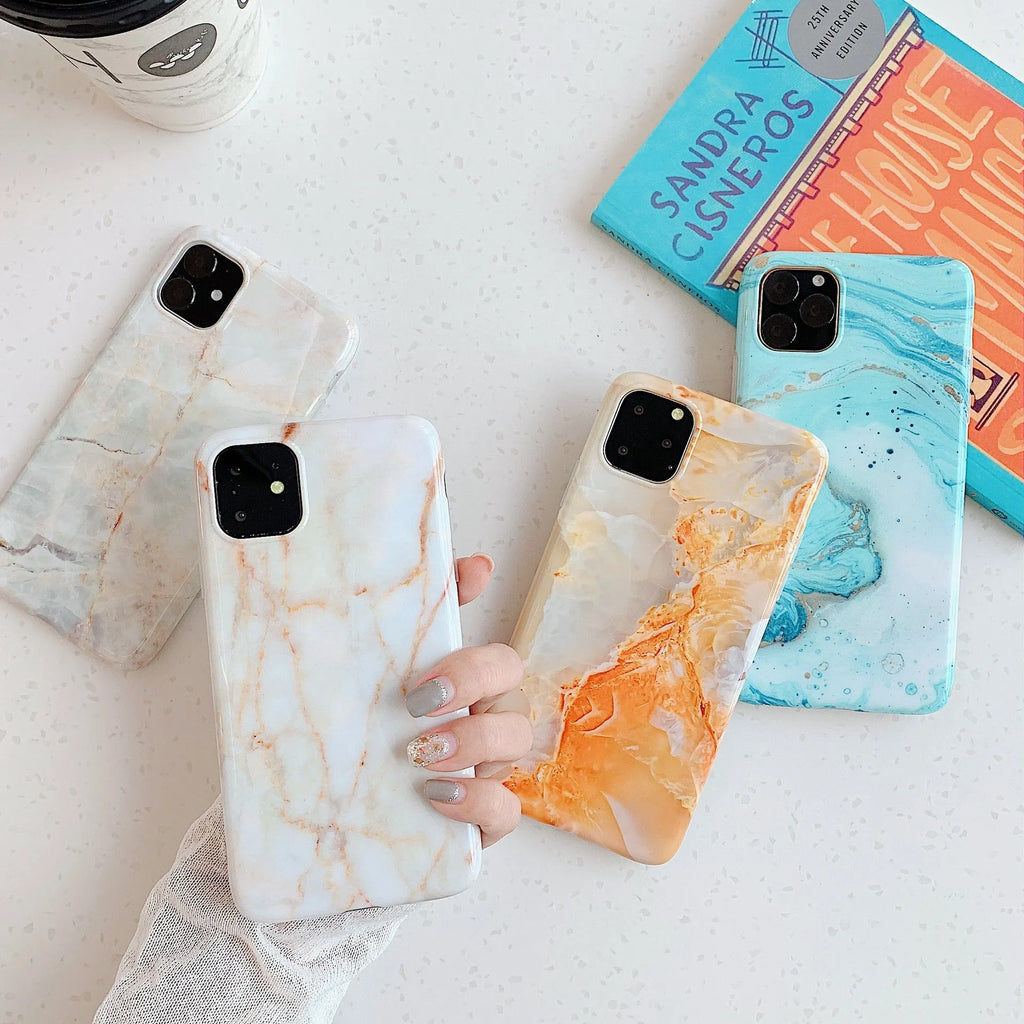 Frosty marble silicone phone case back cover with geometric pattern for iPhone models, available in multiple colours