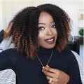 Short curly explosion wig for women with long bang in black to brown gradient colour