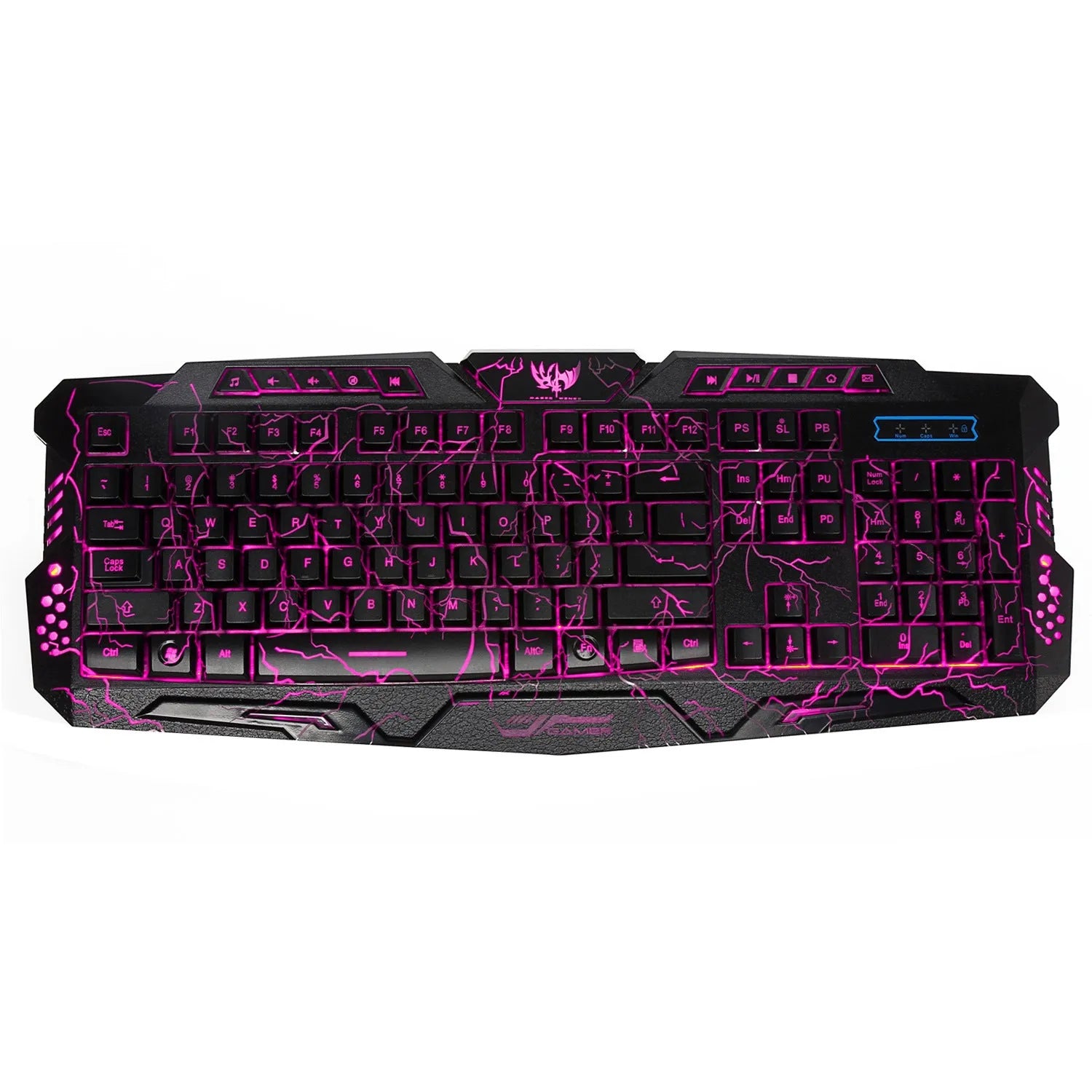 Black backlit game keyboard with crack design, 3-colour adjustable backlight, and anti-slip pads on a desk