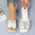 Women's square toe flat sandals, hollow out slides, artificial PU upper with snakeskin finish, casual summer footwear
