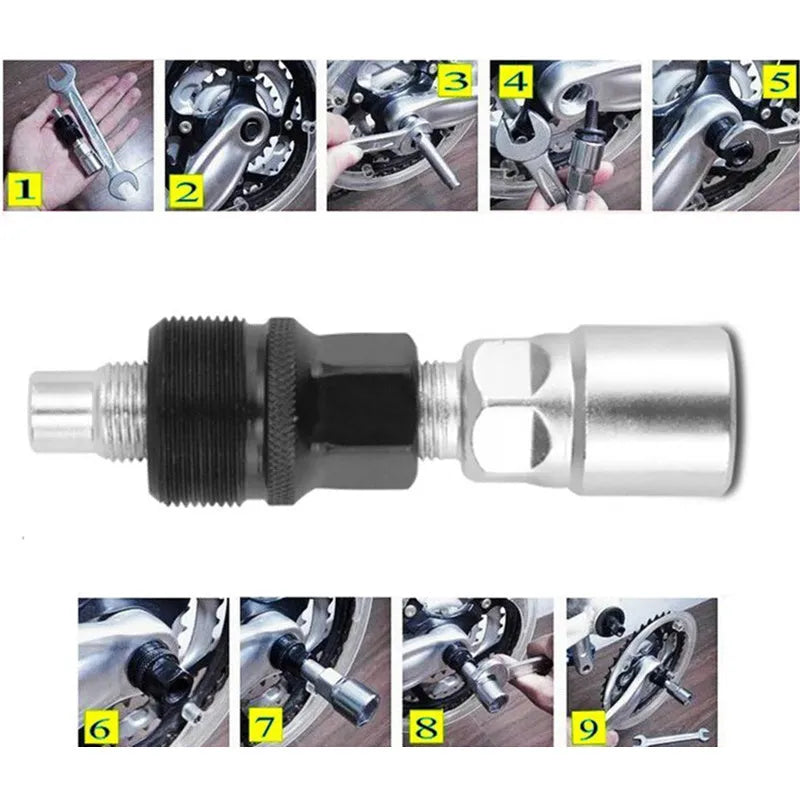 Bicycle maintenance tool set with silver chain cutter and spoke wrench on workshop bench