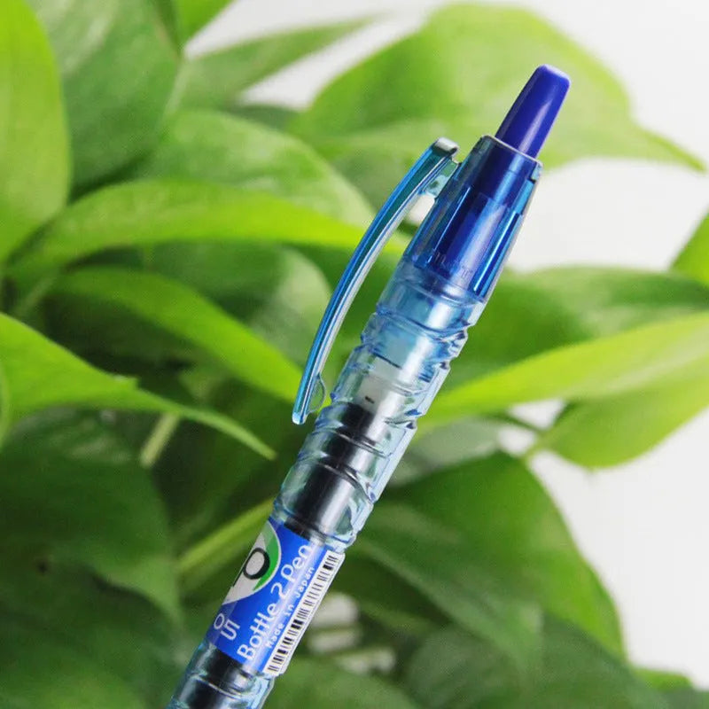 0.5mm press gel pen with transparent blue rod refill, available in black, blue or red ink
