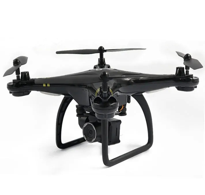 Black 5G GPS camera drone with four rotor arms and high-definition lens on a white background
