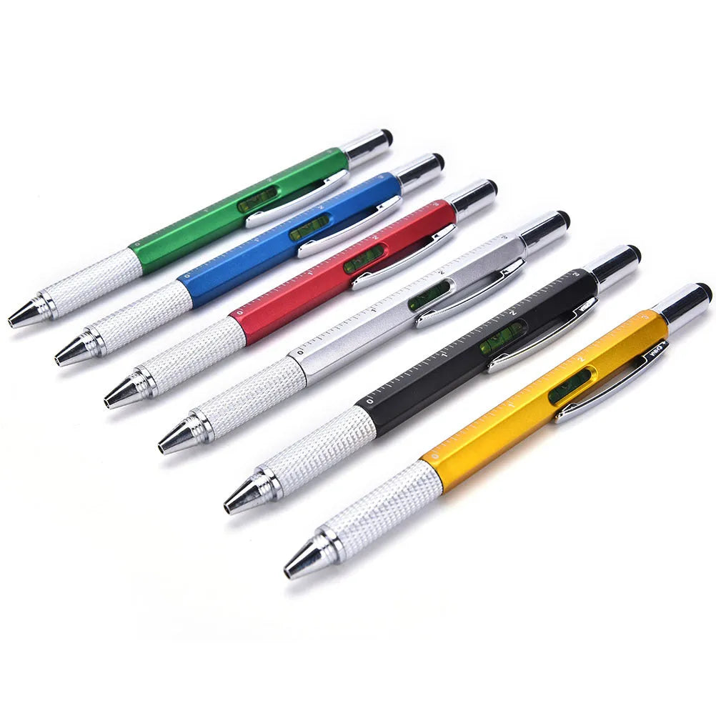 6 in 1 multi-function touch screen stylus ballpoint pen with screwdriver tips and spirit level in black