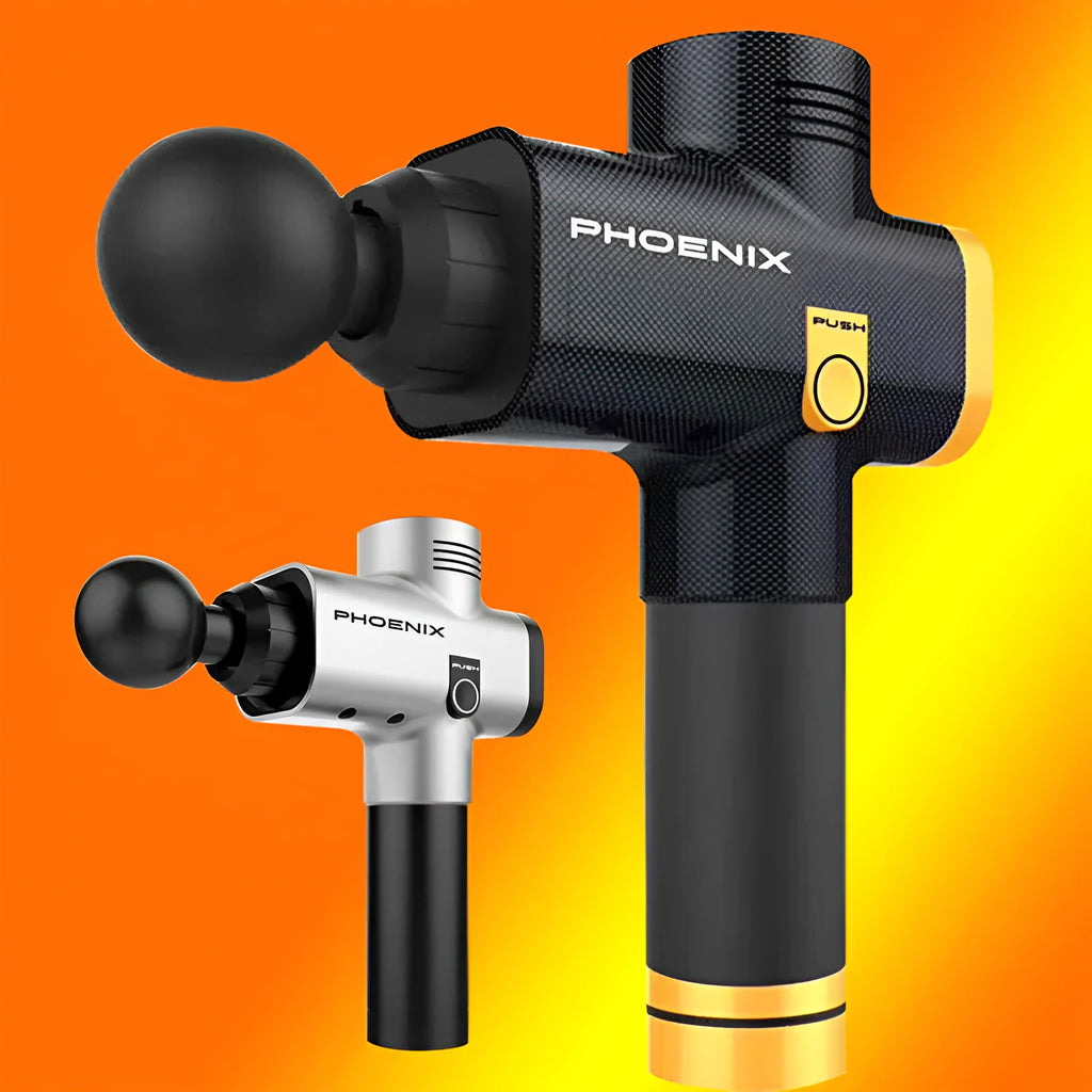 A black or silver ABS plastic percussion massage gun with four different removable massage heads on a table.