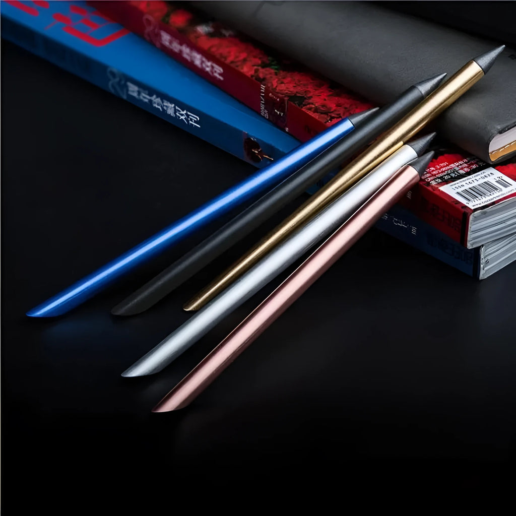Inkless Metal Pen in silver, gold, rose gold, black, and blue finishes with spare nib and pen bag