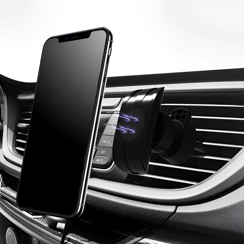 Glory black car phone holder clipped onto a car air vent, holding a mobile phone.
