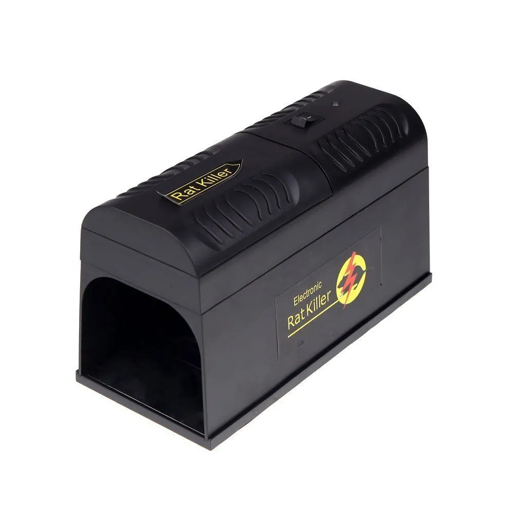 Black high voltage rodent killer device with multiple plug options showing 208mm length