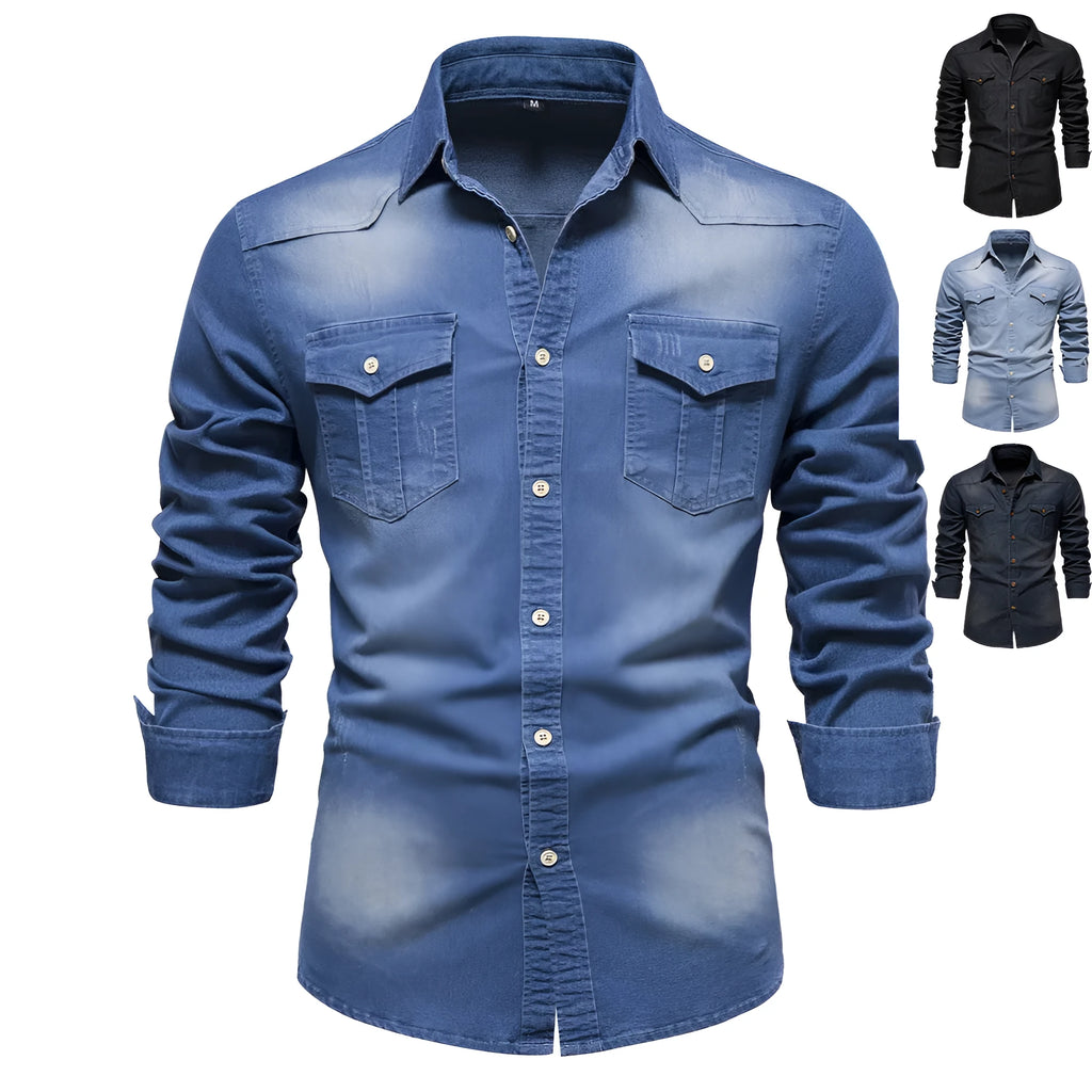 Men's slim fit cotton denim shirt in solid colour on hanger