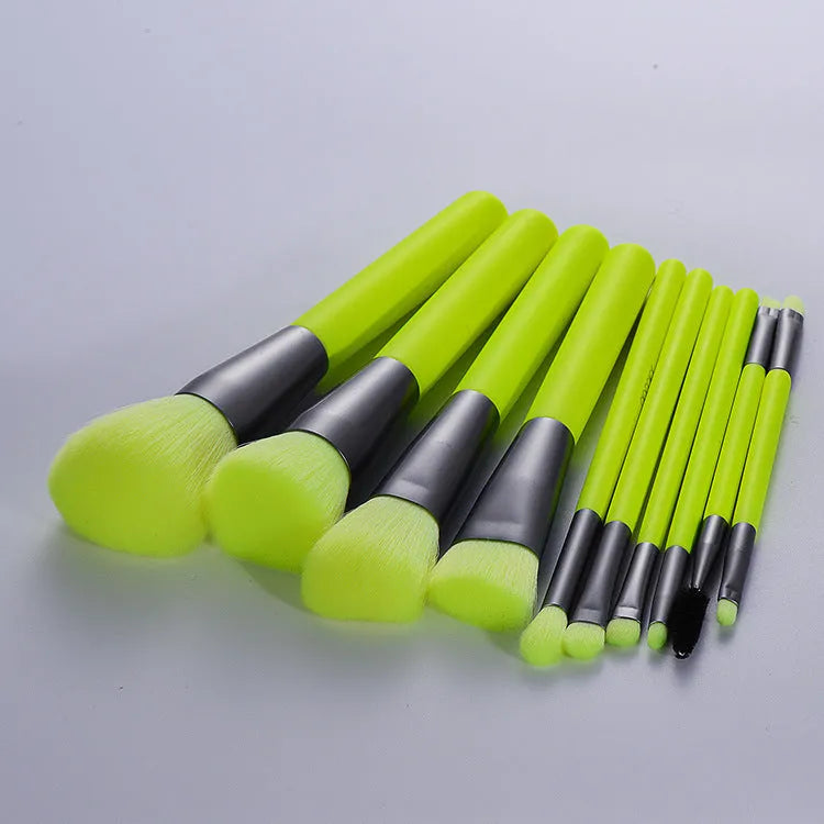 10 piece professional fluorescent green makeup brush set with synthetic fibre bristles and wooden handles