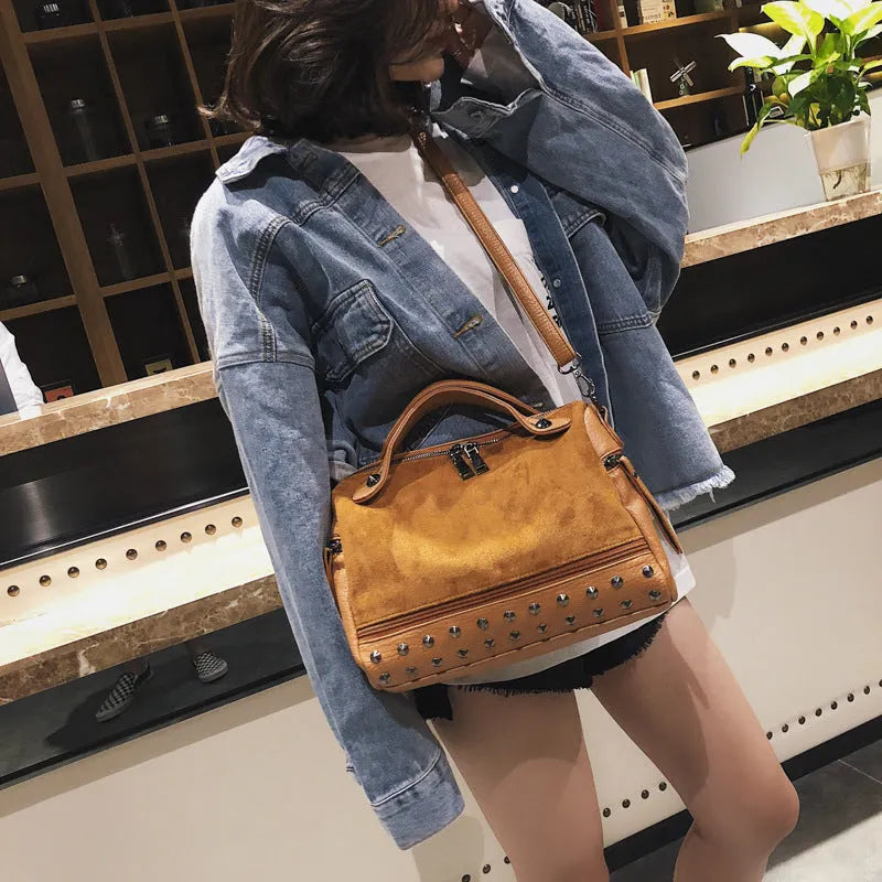 Soft PU leather women's tote shoulder bag in grey with a metal zip.