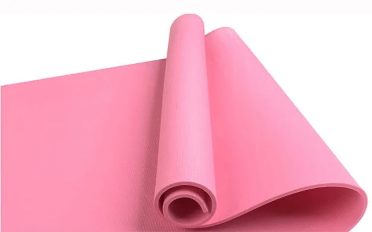 Red EVA fitness yoga mat with rolled black mat beside it, showing thickness options of 4mm and 6mm.