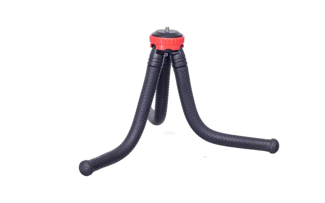 Black octopus tripod with flexible legs and spherical gimbal ball head for cameras and smartphones