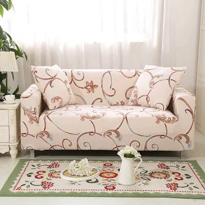 Geometric patterned stretch sofa slipcover fitted on a three-seater sofa
