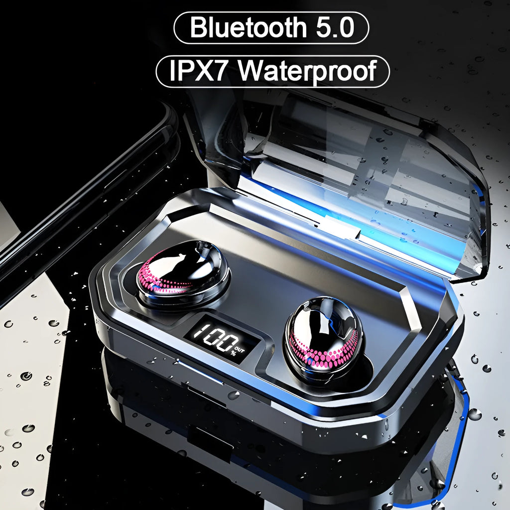 Black X10 wireless Bluetooth headset with charging case, showing earpieces.
