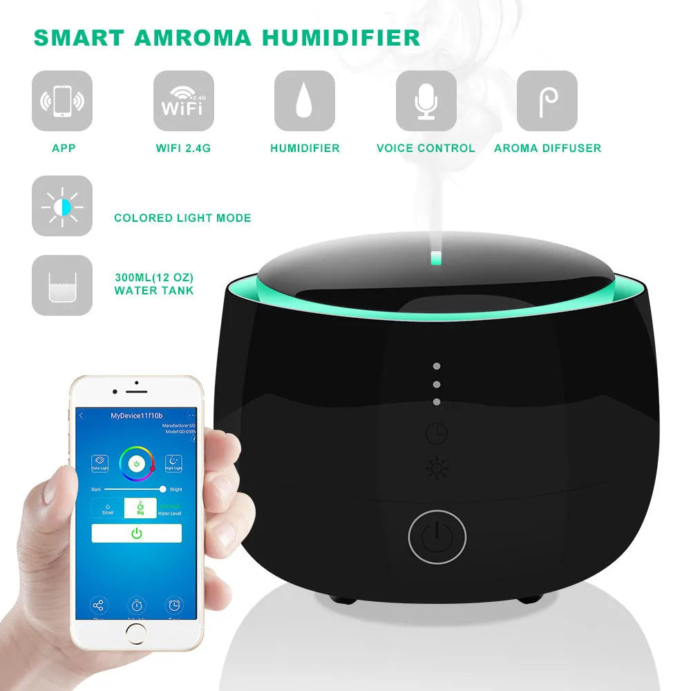 Smart home aromatherapy humidifier with 300ml capacity, colourful LED lights, touch panel, and UK plug in white