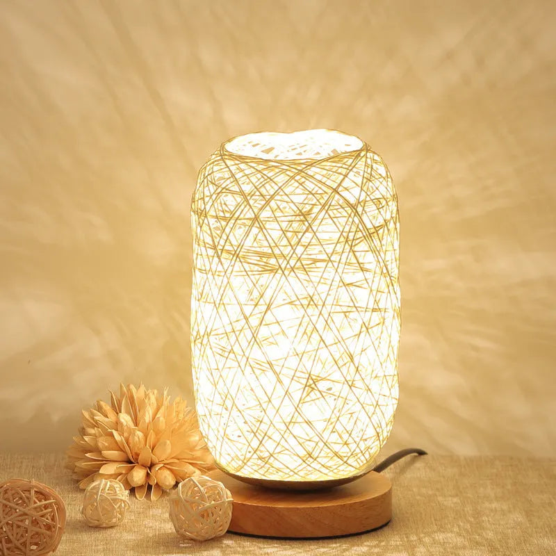 Woven hemp rope Sepak Takraw desk lamp with solid wood base and LED lighting