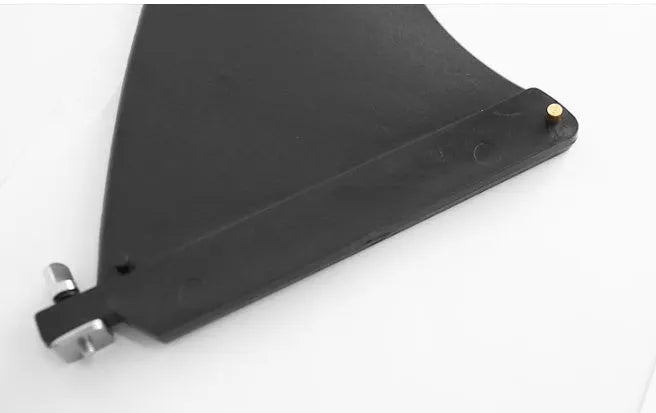 Black plastic SUP paddle with large removable fish fins for water propulsion.