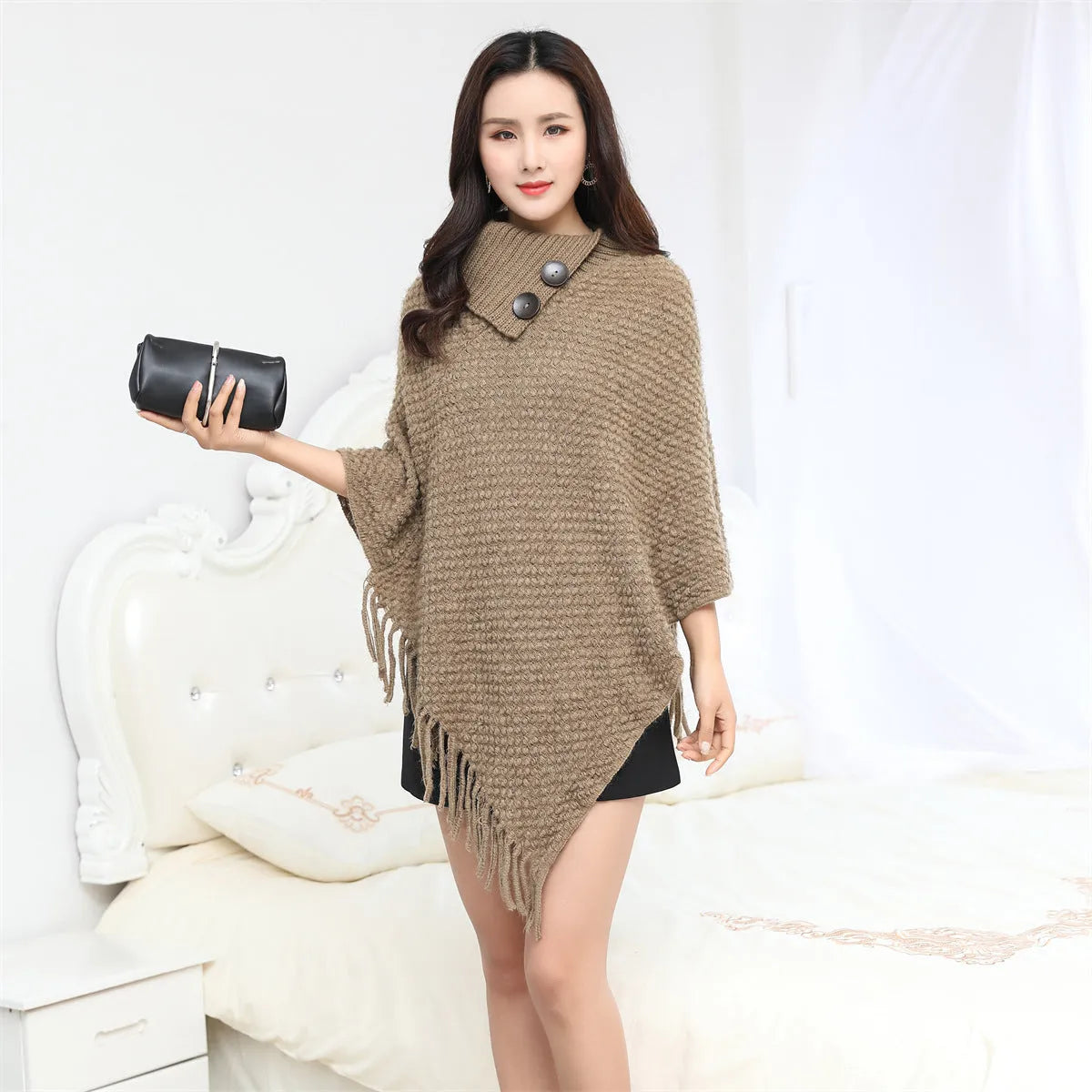Warm sleeveless cloak knitwear with dots pattern in khaki colour, free size, acrylic fibre