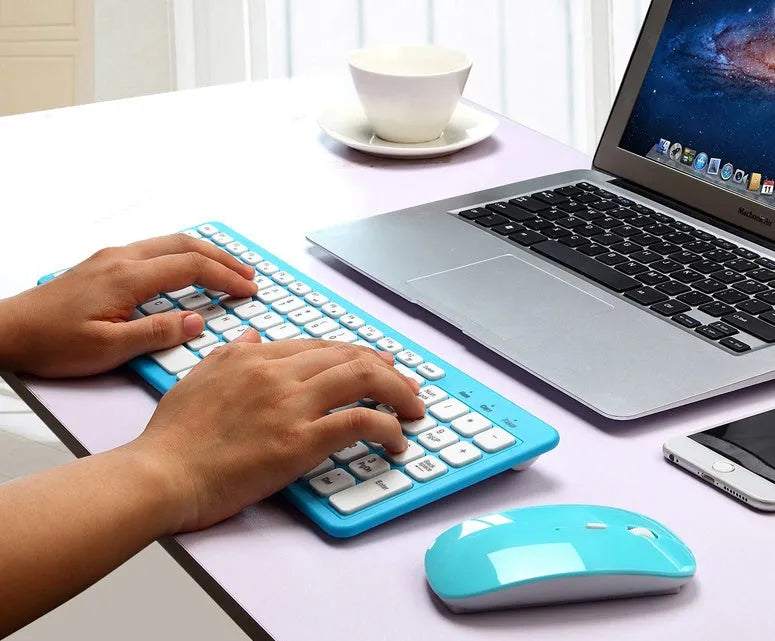 Wireless keyboard and mouse set in black, white, pink, or blue colours with 96-key layout and adjustable DPI mouse
